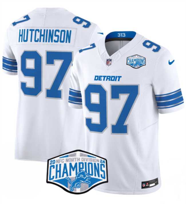 Men%27s Detroit Lions #97 Aidan Hutchinson White 2024 NFC North Champions F.U.S.E. Vapor Limited Stitched Jersey->dallas mavericks->NBA Jersey